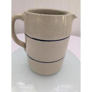 Vtg Blue Striped Stoneware Pitcher 7.75” Tall
